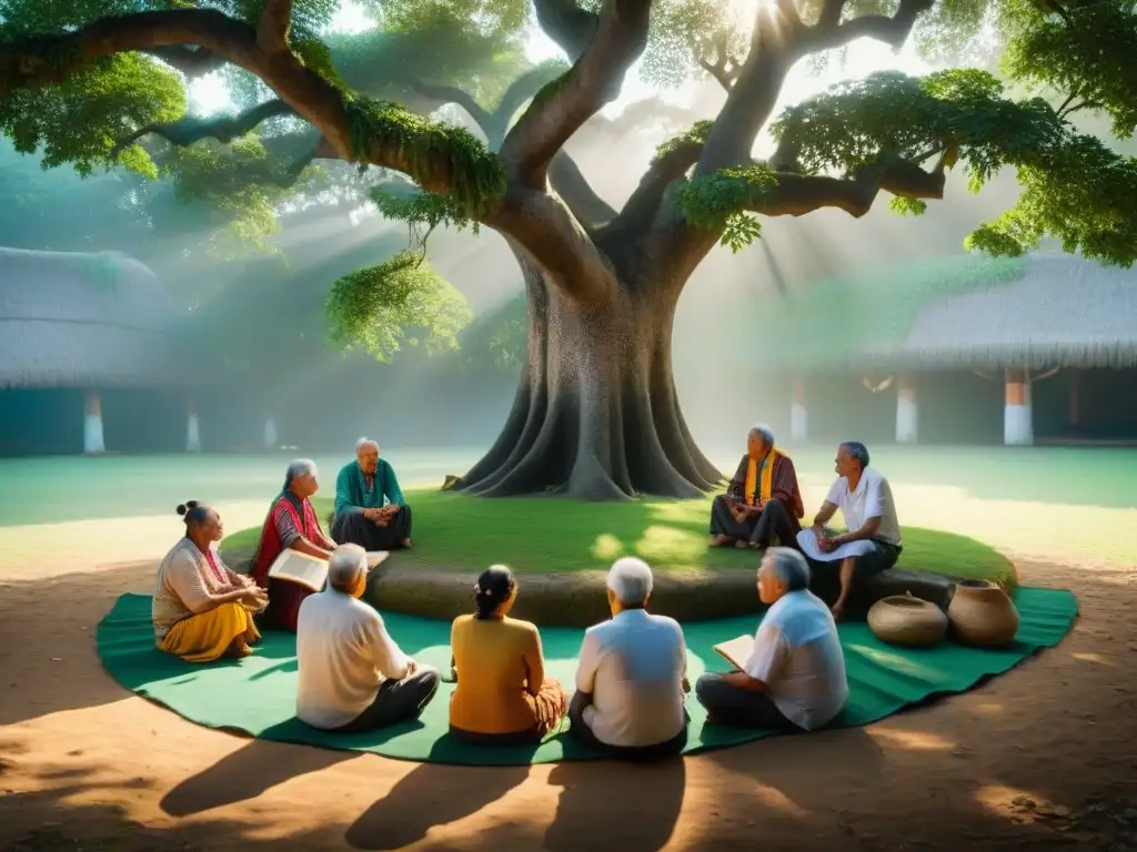 Sabiduría ancestral: Consejo maya bajo ceiba milenaria Un grupo de ancianos mayas bajo un ceiba, compartiendo sabiduría y preservando la cultura