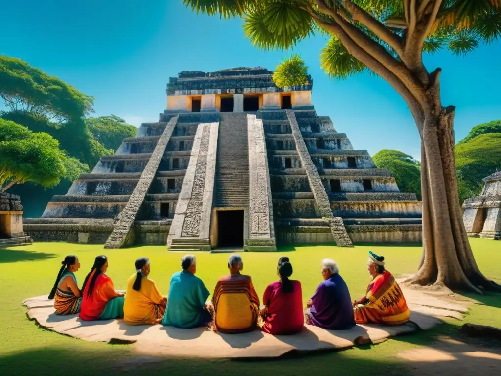 Un grupo de ancianos mayas, discutiendo bajo un ceiba