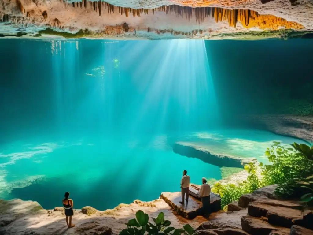 Un grupo de ancianos mayas alrededor de un cenote sagrado, sus rostros reflejan sabiduría ancestral