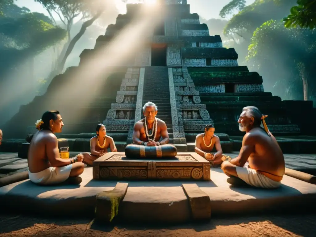 Un grupo de ancianos mayas preparando la Zacán bebida ceremonial maya en un altar de piedra tallada en la selva