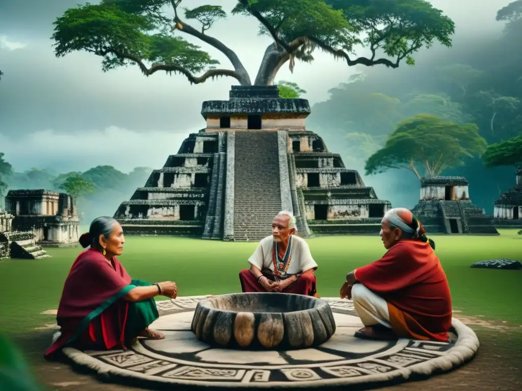 Grupo de ancianos mayas en círculo bajo un ceiba, vestidos con trajes tradicionales, junto a ruinas de templo