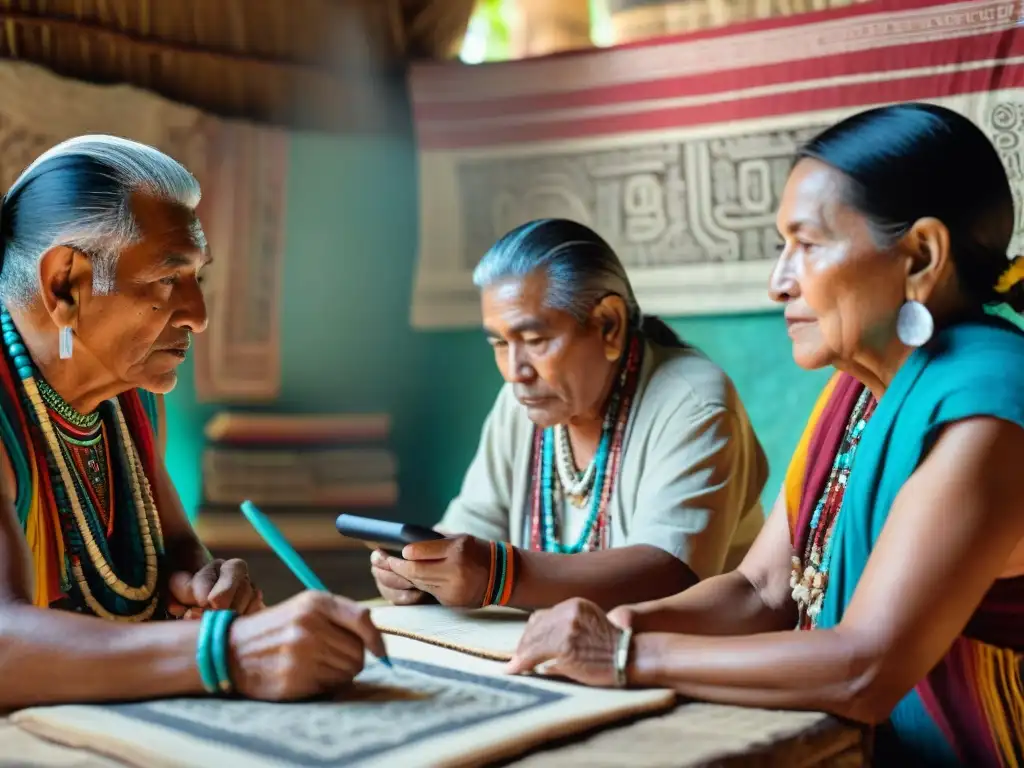 Un grupo de ancianos mayas discute la conservación de la lengua, rodeados de manuscritos y tecnología