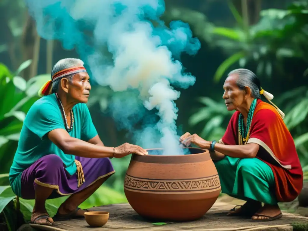 Maya elders compartiendo pozol: tradición y cultura viva en la selva Un grupo de ancianos mayas se reúne alrededor de una olla de pozol, simbolizando la Importancia de la bebida energética ancestral en la cultura maya