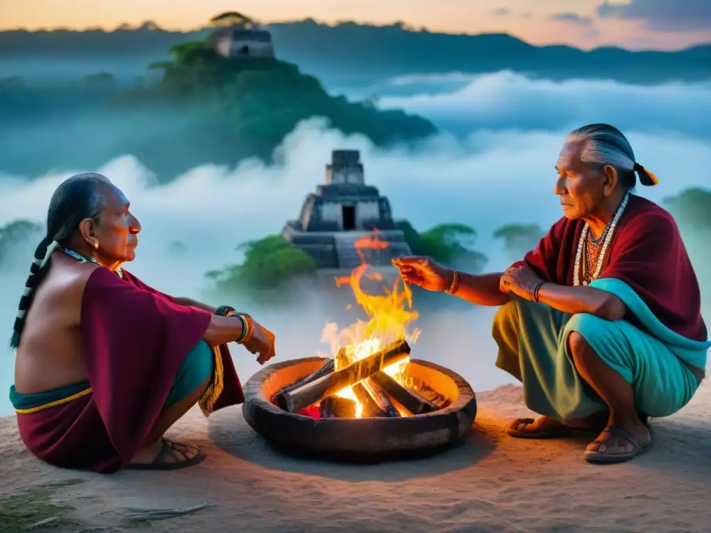 Un grupo de ancianos Mayas reunidos alrededor del fuego sagrado, con vestimenta tradicional y un templo maya de fondo