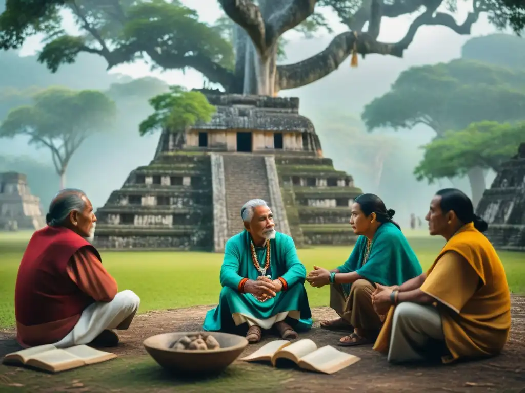 Un grupo de ancianos mayas en un taller de preservación de idiomas, rodeados de naturaleza y ruinas antiguas