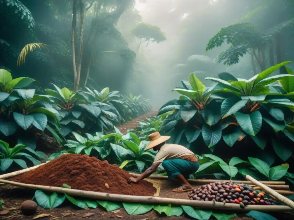 Grupo de antiguos mayas cosechando cacao en la selva tropical: detalle de los árboles y coloridos frutos