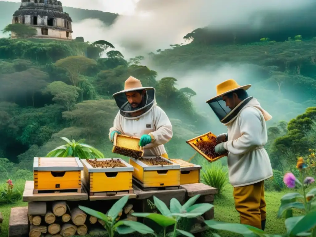 Grupo de apicultores mayas cosechando miel de abejas meliponas en armonía con la naturaleza