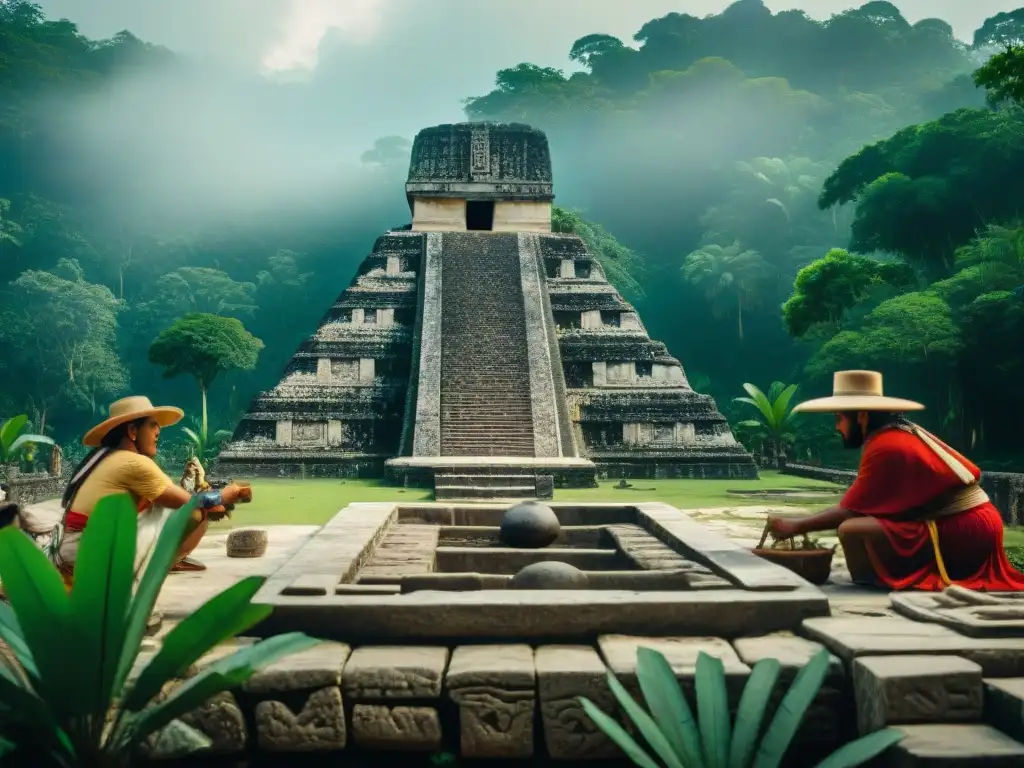 Un grupo de arqueólogos excava un altar mientras un guía maya observa