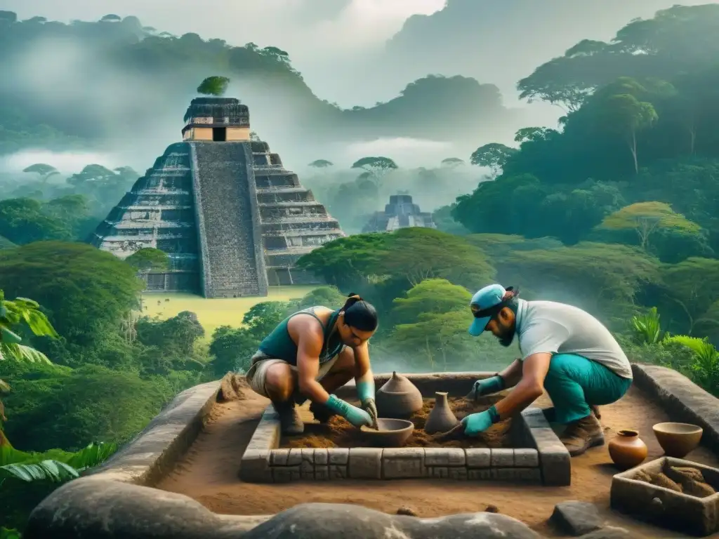 Grupo de arqueólogos descubriendo el amanecer civilización maya en sitio arqueológico Ceibal