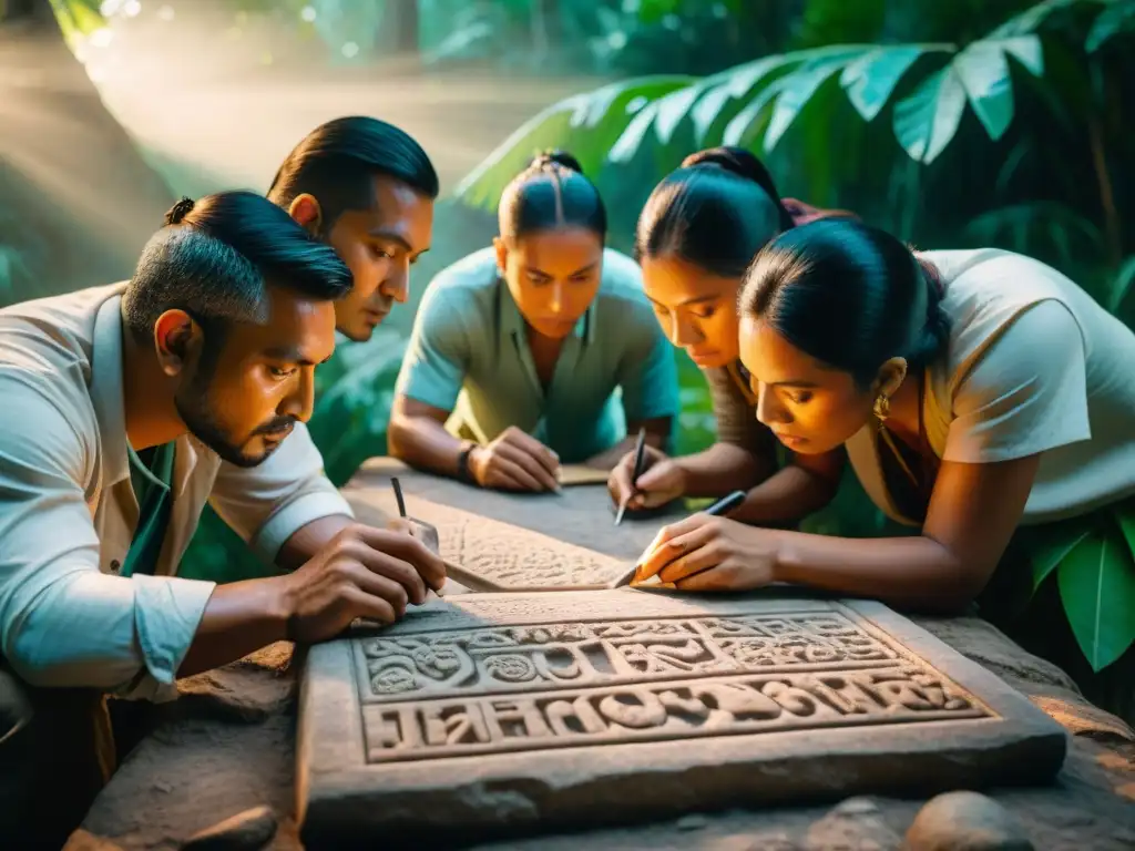 Un grupo de arqueólogos decodificando antiguos glifos mayas en una tableta de piedra, iluminados por la luz filtrada en la selva