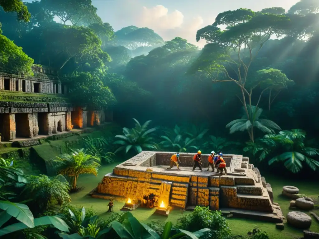 Grupo de arqueólogos excavando arte maya en la selva, con Apps realidad aumentada arte maya