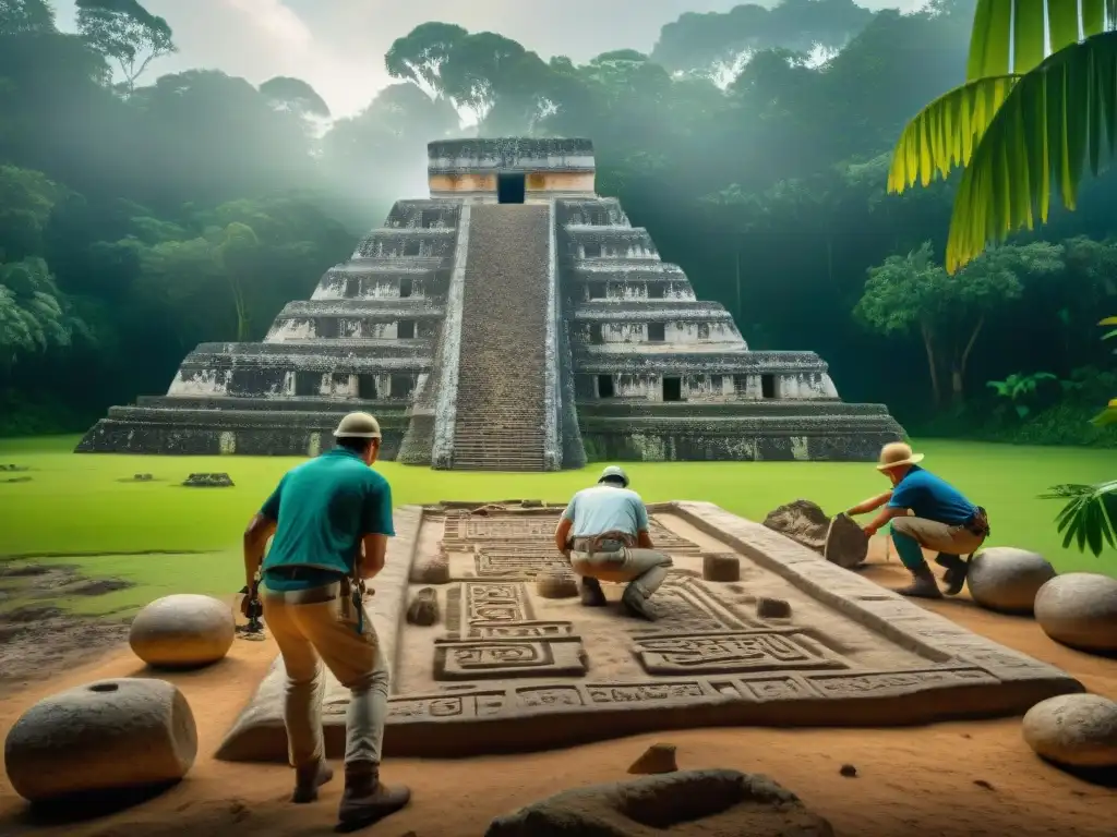 Grupo de arqueólogos descubriendo la cancha de juego de pelota maya con detalle y emoción en la jungla