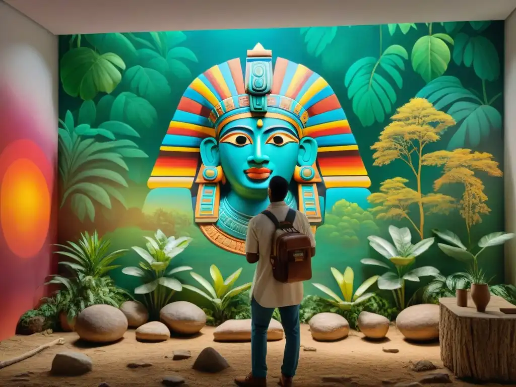 Grupo de arqueólogos revelando los colores originales del arte maya en mural detallado