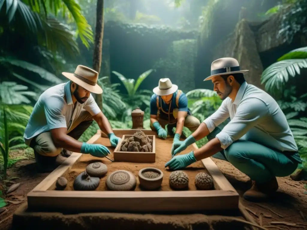 Un grupo de arqueólogos conserva con cuidado artefactos mayas menores en la selva