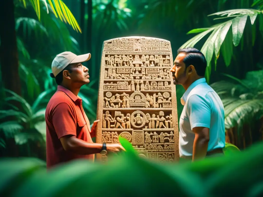 Grupo de arqueólogos descifrando escritura maya en una estela antigua en la selva