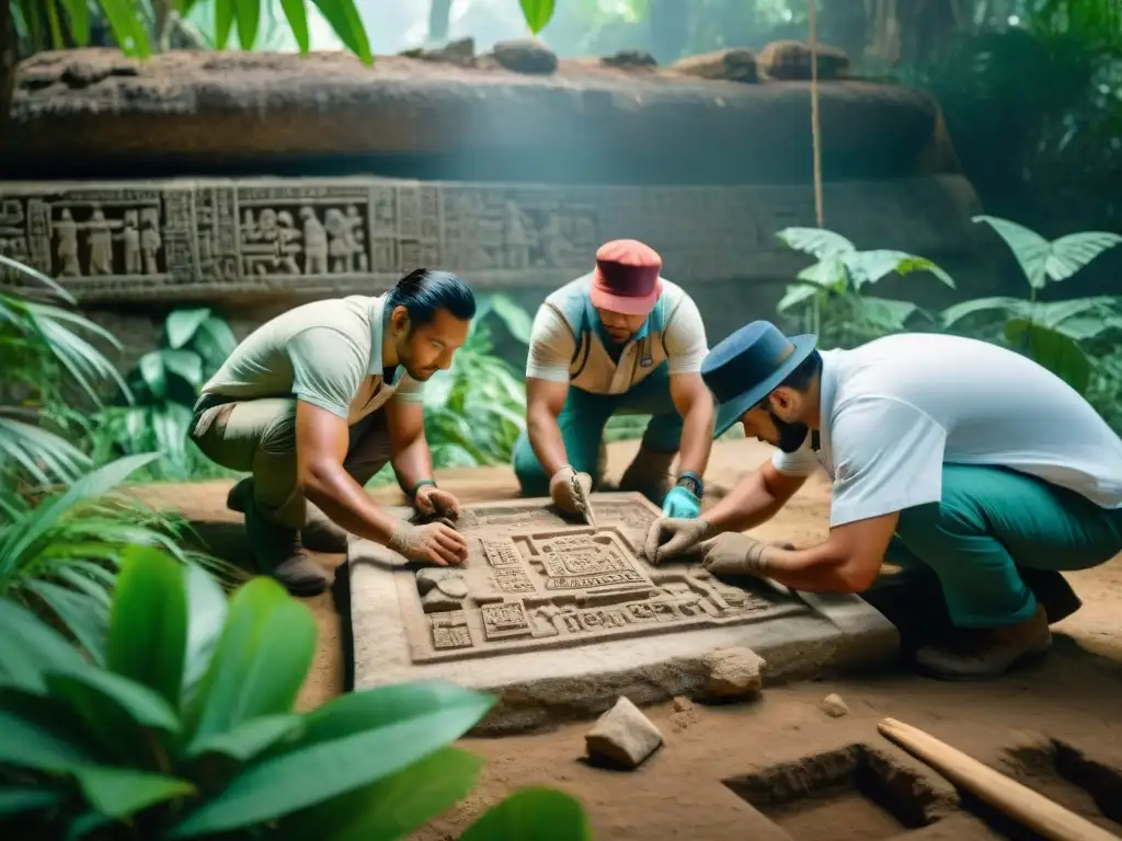 Grupo de arqueólogos excavando un sitio maya, descubriendo ruinas con tallados y glifos, rodeados de vegetación selvática