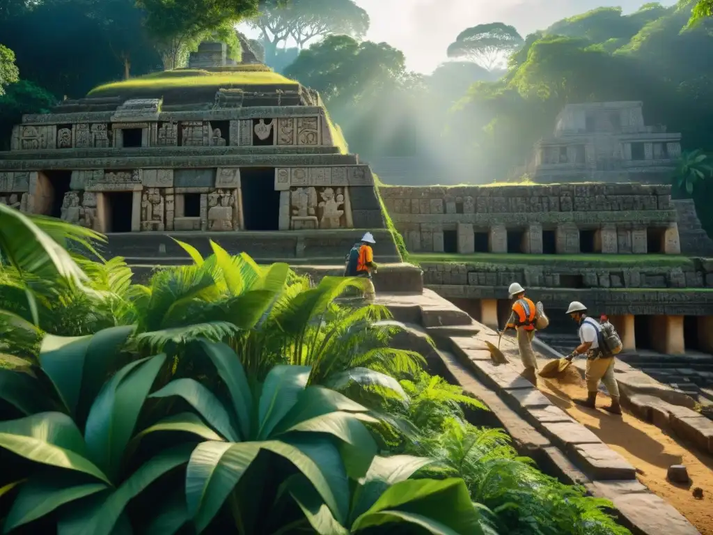 Grupo de arqueólogos excavando un templo maya, rodeados de vegetación exuberante