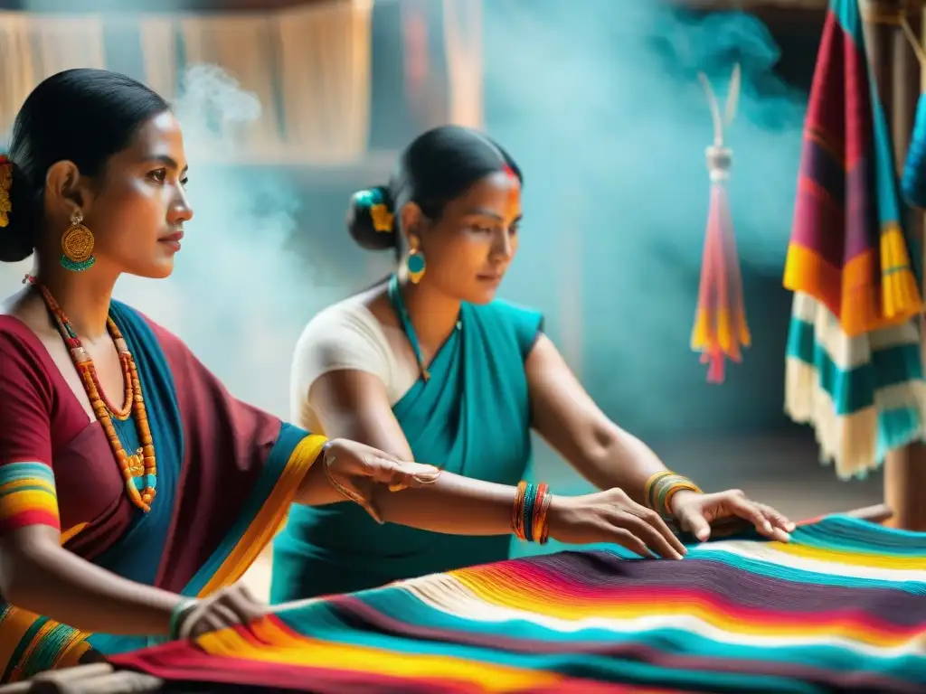 Un grupo de artesanos mayas tejiendo textiles tradicionales, mostrando la revitalización cultural de la civilización maya