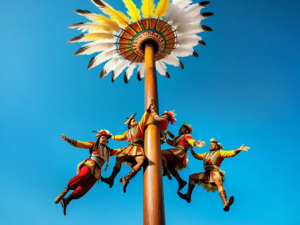 Grupo de artistas indígenas descendiendo en la Danza de los Voladores, representando el significado ancestral