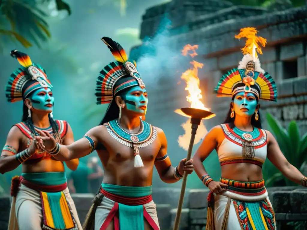 Grupo de artistas mayas en danzas rituales, ataviados con trajes vibrantes y movimientos ceremoniales en entorno sagrado