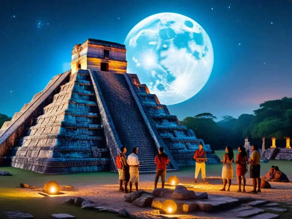 Grupo de astrónomos mayas observando el cielo nocturno con instrumentos astronómicos, rodeados de ruinas antiguas y jeroglíficos, fusionando prácticas astronómicas tradicionales con técnicas modernas