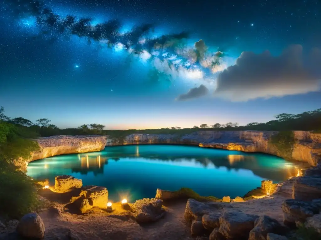 Grupo de astrónomos mayas junto a un cenote, conectando cielos y tierra con sus estudios y herramientas