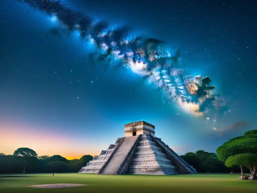 Un grupo de astrónomos modernos estudia la observatorio astronómico maya en Chichén Itzá al atardecer, revelando el conocimiento ancestral