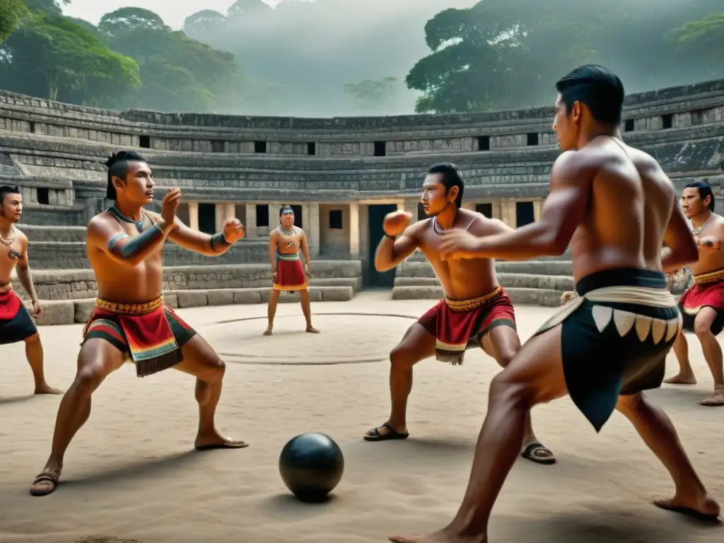 Grupo de atletas mayas juegan PoktaPok en una cancha antigua, mostrando atuendos tradicionales y concentración