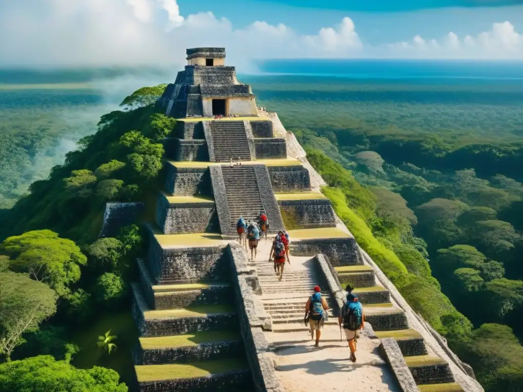 Grupo de aventureros escalando la pirámide de Nohoch Mul en Cobá, México, rodeada de selva