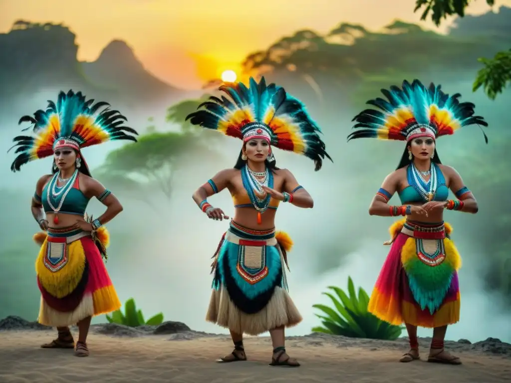 Grupo de bailarines mayas en coloridos atuendos tradicionales, danzando en un ritual al atardecer