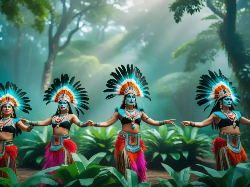 Grupo de bailarines mayas contemporáneos en trajes tradicionales, preservando danzas rituales en entorno sagrado