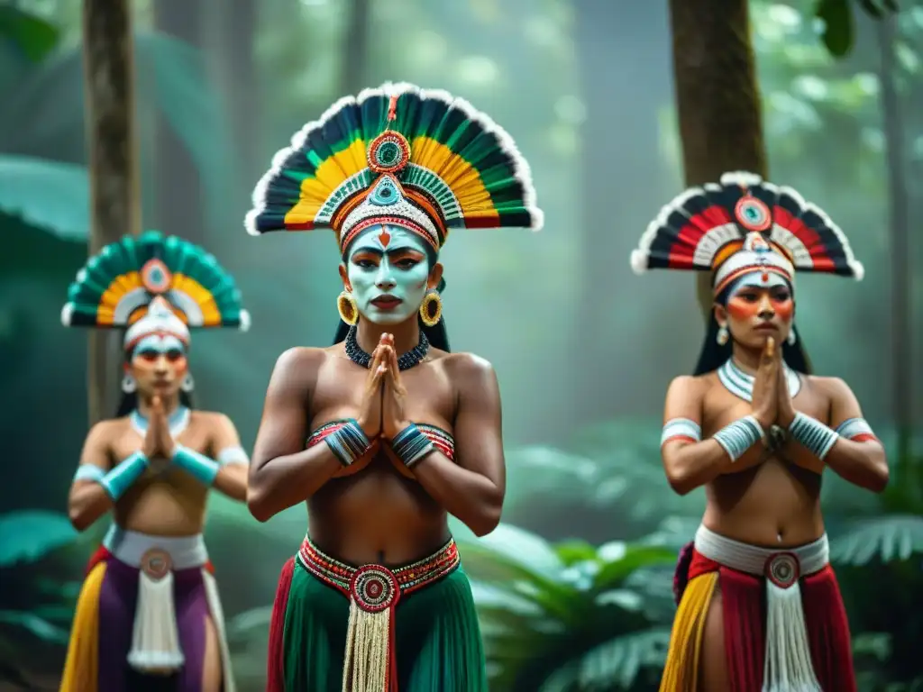 Grupo de bailarines mayas en danza ritual en el bosque, con trajes coloridos y rostros pintados