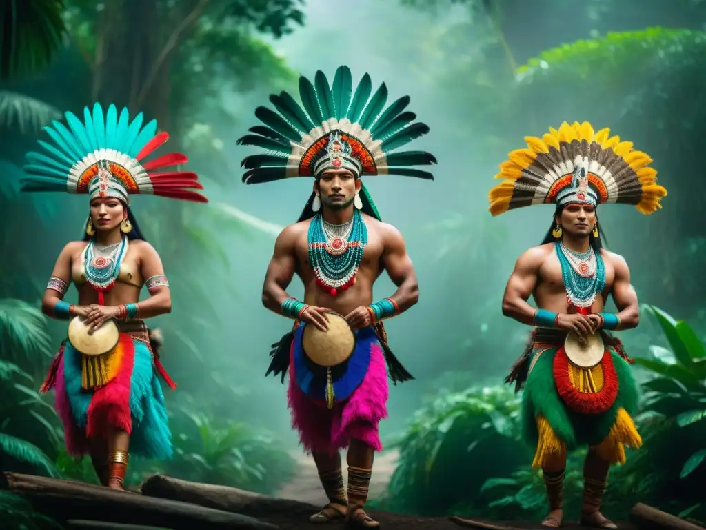 Grupo de bailarines mayas en danza ritual, con atuendos vibrantes y significado cultural profundo en la selva exuberante