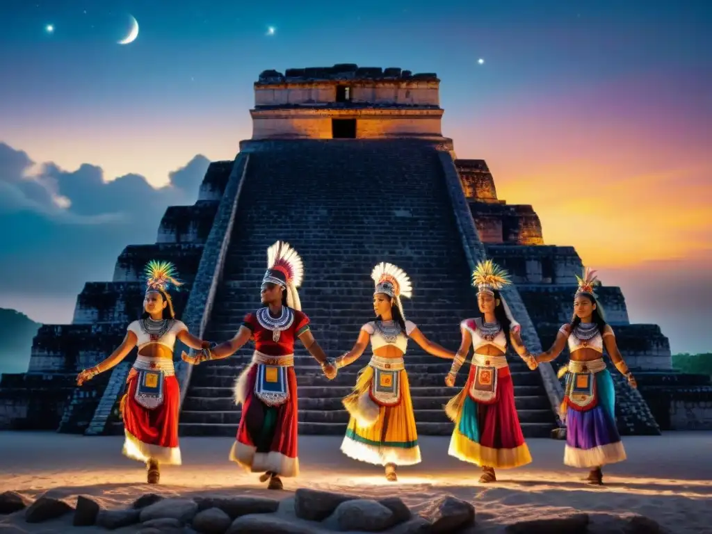 Un grupo de bailarines mayas en trajes coloridos danzando bajo el cielo estrellado, con ruinas antiguas iluminadas por la luna