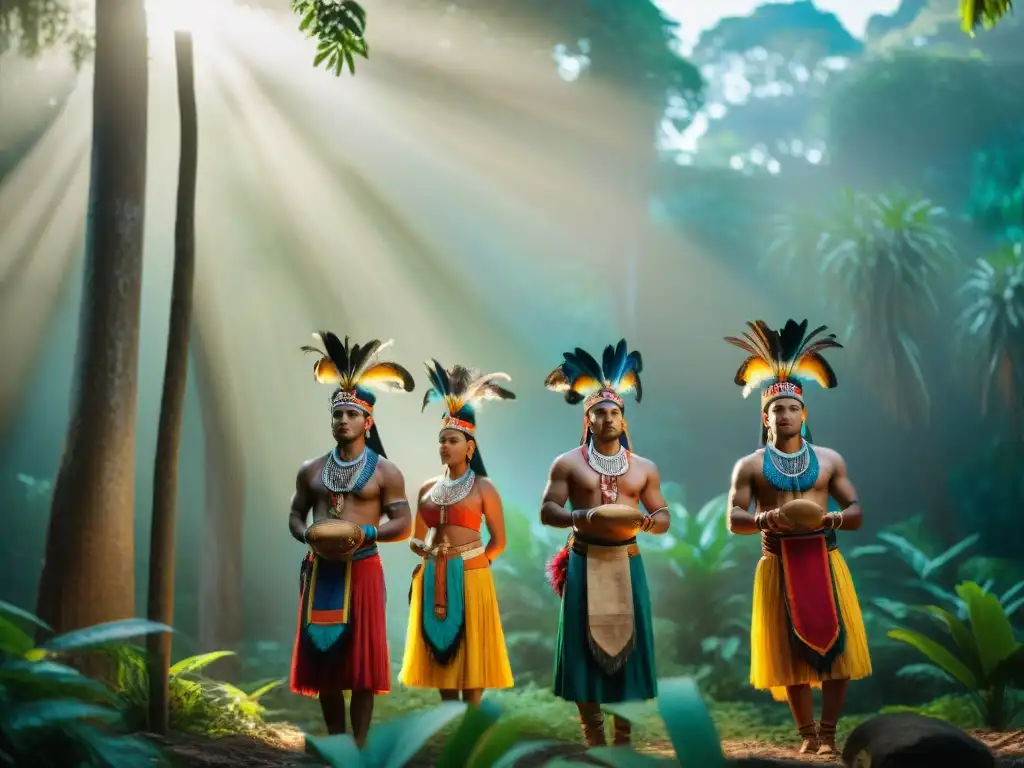 Grupo de bailarines mayas en trajes tradicionales en un bosque, representando rituales