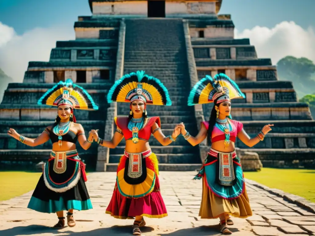 Grupo de bailarines mayas en trajes vibrantes realizando danzas sagradas frente a ruinas antiguas