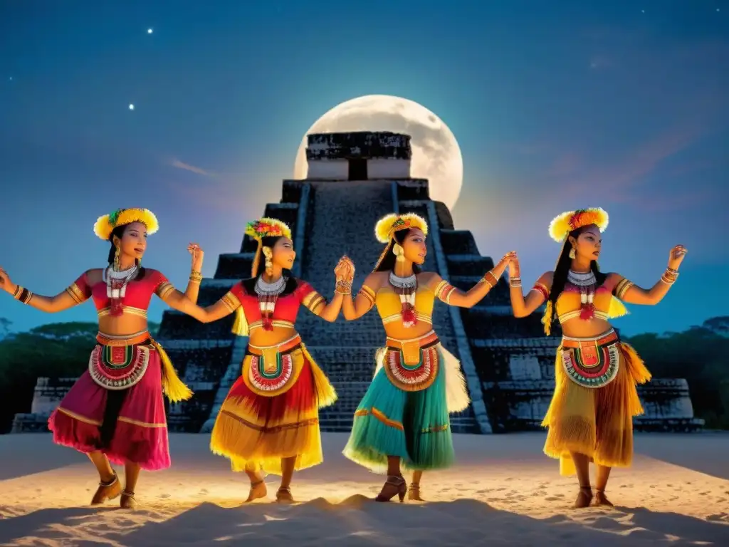 Grupo de bailarines mayas en trajes vibrantes, danzas sincronizadas bajo la luna llena y estrellas