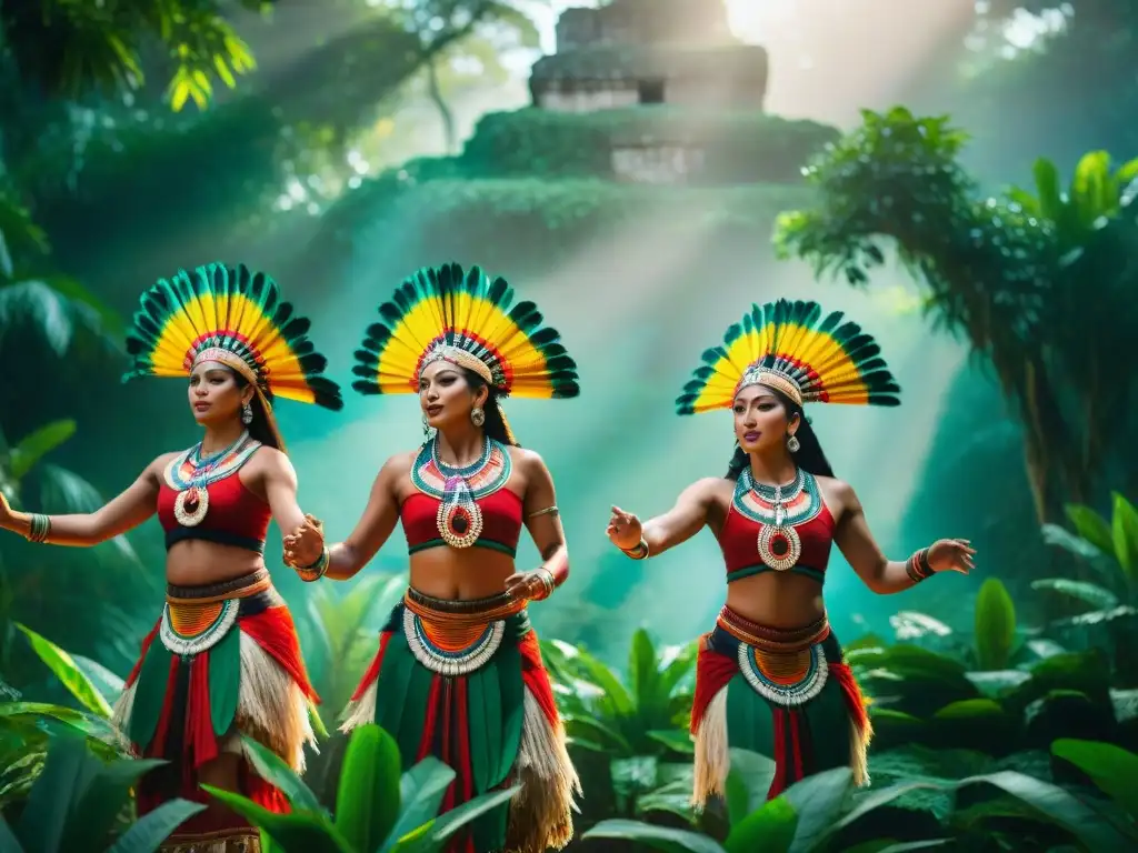 Grupo de bailarines mayas en vibrante atuendo tradicional danzando en la selva