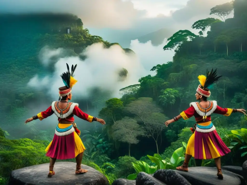 Grupo de bailarines mayas en vibrante traje tradicional, danzando en la selva