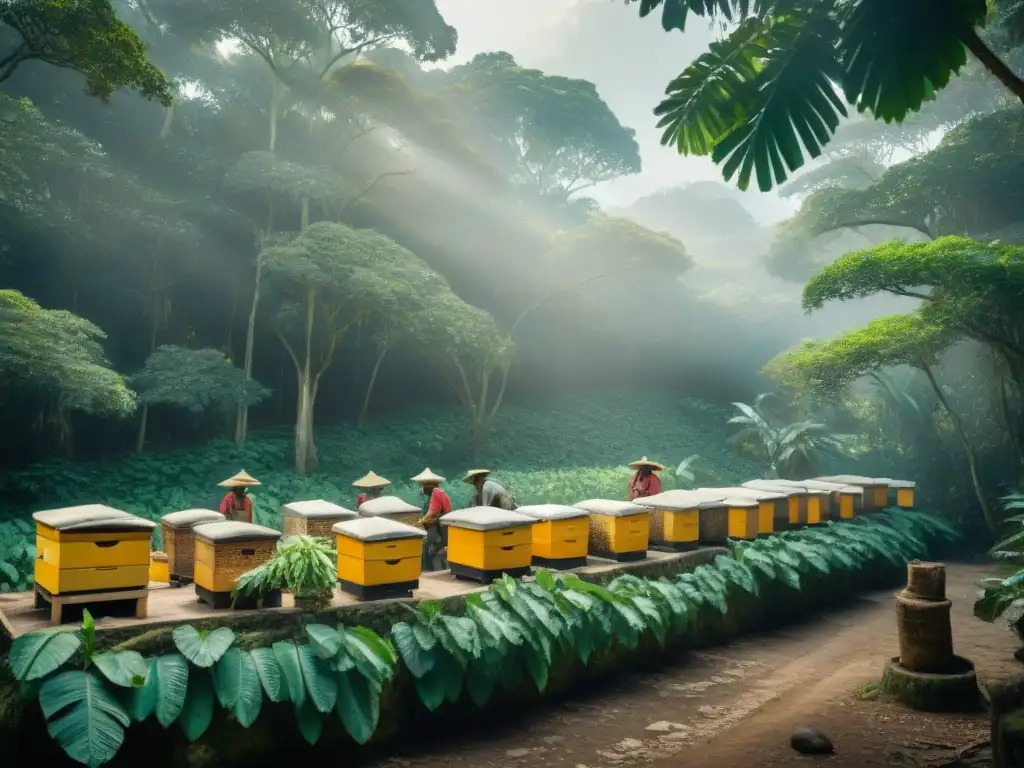 Grupo de campesinos mayas cuidando colmenas de abejas meliponas en la selva