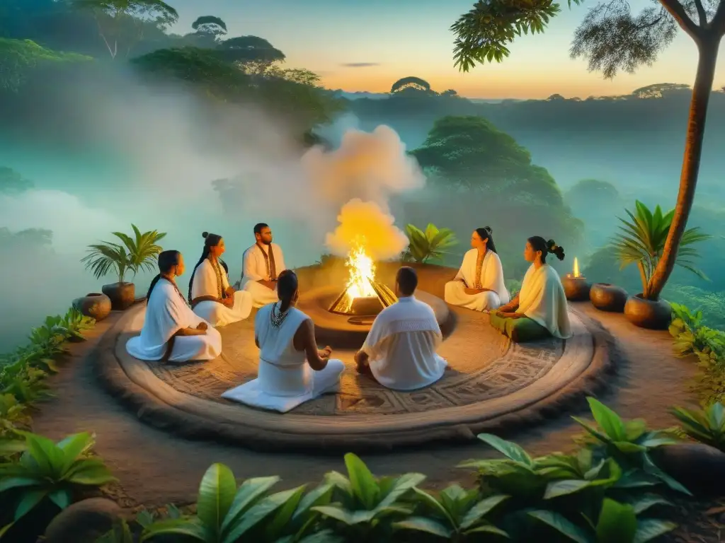 Rituales Mayas al Amanecer: Ceremonia Espiritual en la Selva Grupo en ceremonia maya al amanecer en la jungla, meditando en círculo con símbolos mayas