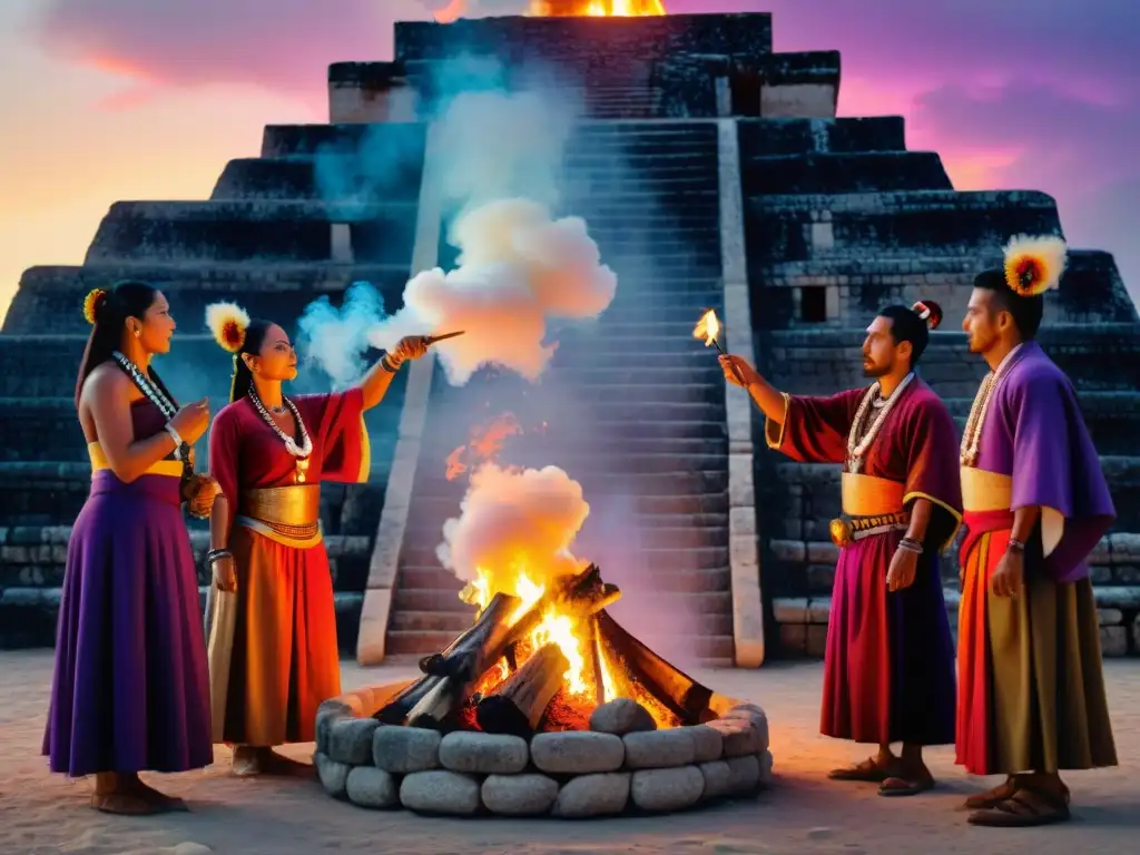 Grupo de chamanes mayas en ceremonia de fuego sagrado al anochecer, en un templo antiguo