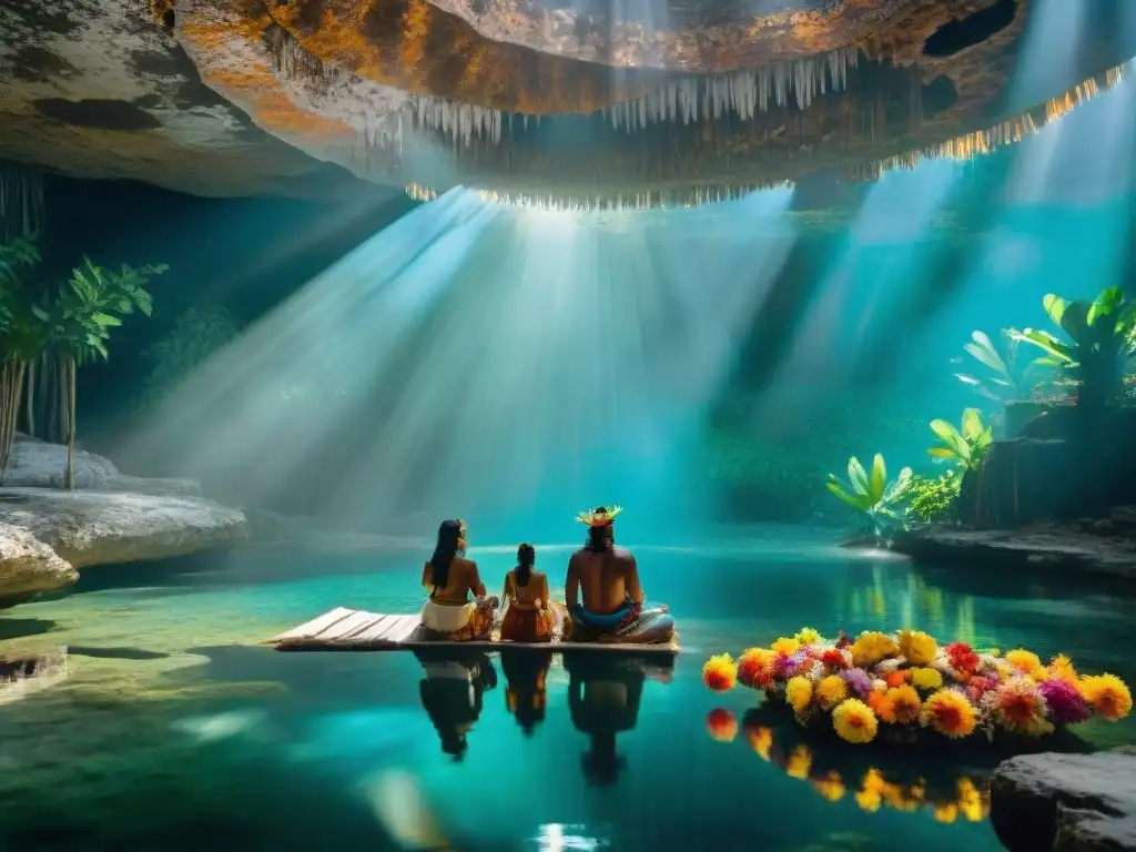 Un grupo de chamanes mayas contemporáneos realizando un ritual en un cenote, rodeados de naturaleza exuberante y elementos sagrados