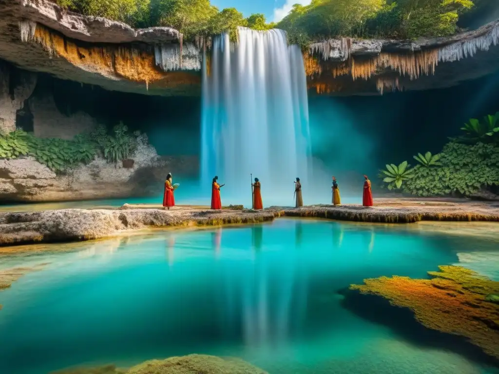 Grupo de chamanes mayas realizando un ritual sagrado en un cenote, reflejando el significado de los rituales en cenotes mayas