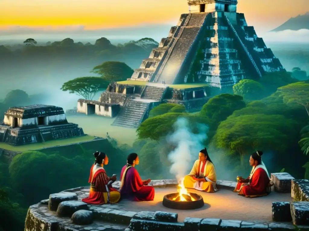 Grupo de chamanes mayas realizando ritual de solsticio de invierno en Tikal, Guatemala, evocando misticismo y riqueza cultural