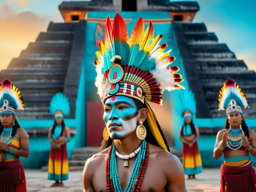 Grupo de chamanes mayas realizando un ritual al amanecer frente a un templo, en una escena vibrante de colores y significado espiritual