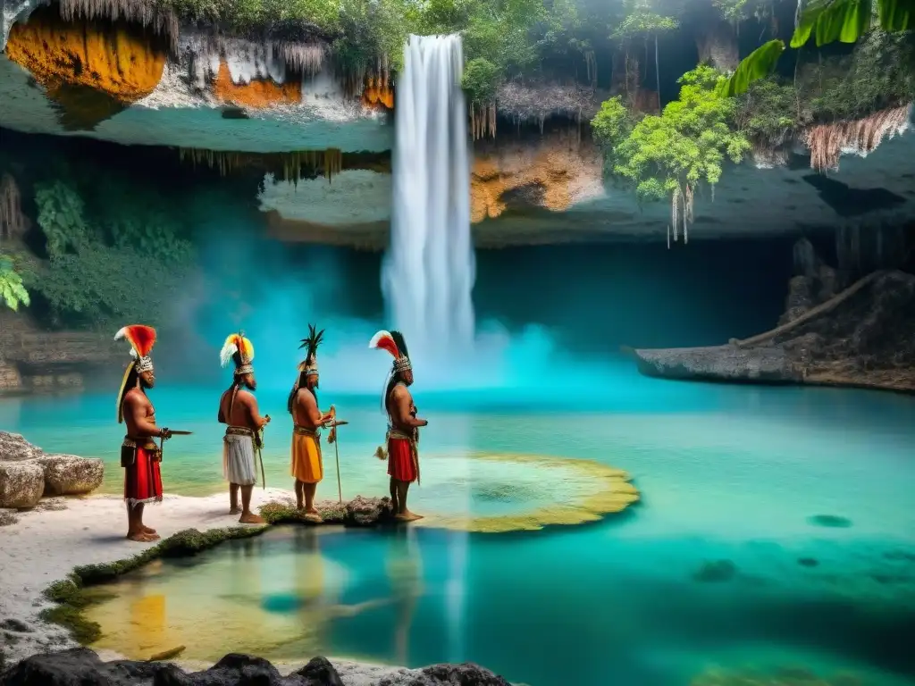 Un grupo de chamanes mayas realizando un ritual en un cenote, con agua cristalina reflejando sus atuendos coloridos