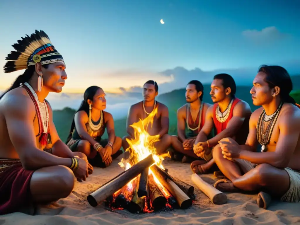 Un grupo de cineastas y músicos mayas alrededor de una fogata, colaborando bajo el cielo estrellado