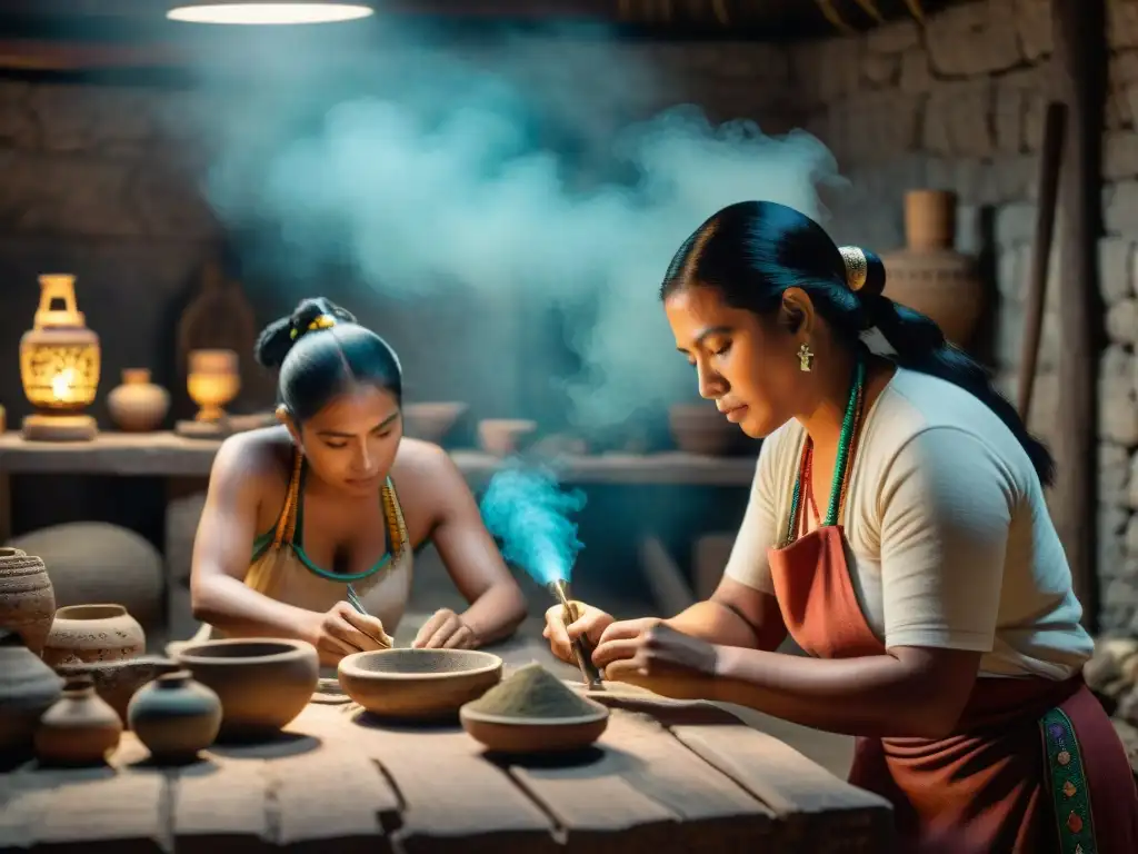 Un grupo de la comunidad maya restaura artefactos antiguos en taller rústico iluminado