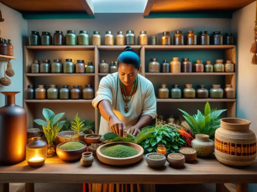 Grupo de curanderos mayas preparando medicina natural tradicional en ambiente cálido y detallado